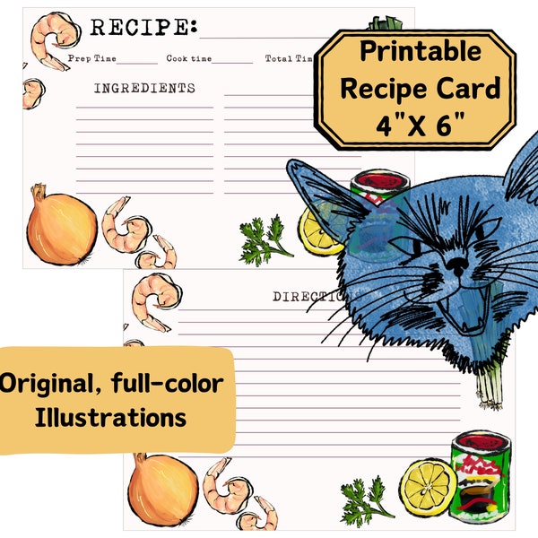 PRINTABLE CARD 4x6 - Shrimp, Onion, Creole - Lined Recipe Card - Full-Color PNG