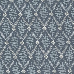May include: A repeating pattern of white stylised leaves and flowers on a dark blue background.