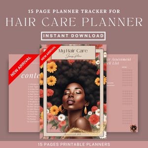 Könnte beinhalten: Ein 15-seitiger, druckbarer Haarpflegeplaner mit rosa Hintergrund und floralen Akzenten. Das Cover zeigt eine Frau mit dunkler Haut und langen, dunklen Haaren. Der Text "My Hair Care Journey Planner" befindet sich in einem goldenen Rahmen.