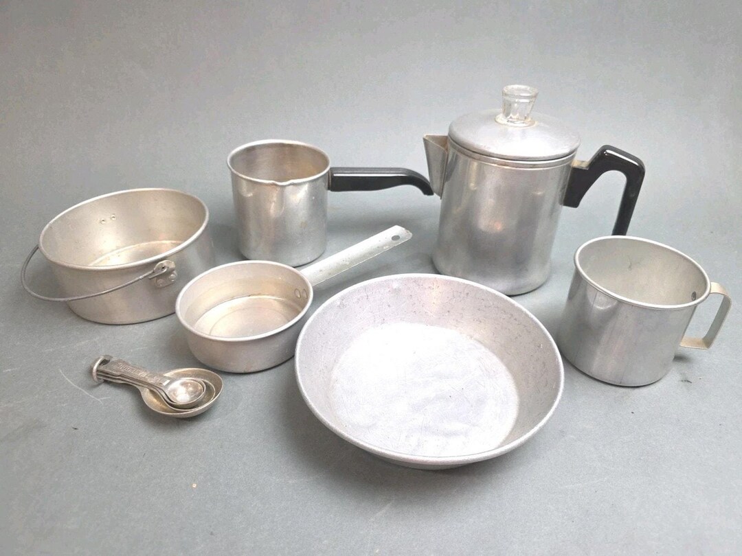 Vintage Aluminum Camping Mess Set Cooking Coffee Pot Pans Cups Cookware ...