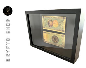 Arte criptográfico "Bitcoin Gold Bill" en un marco negro