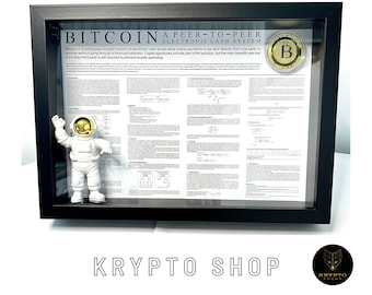 Póster de Bitcoin BTC Satoshi Nakamoto Whitepaper DIN A 4 en marco de madera profunda con moneda criptográfica de oro y figura de astronauta