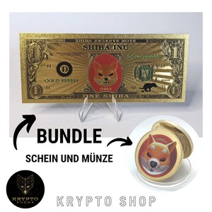 Könnte beinhalten: Eine goldfarbene Shiba Inu-Münze und ein goldfarbener Geldschein mit den Worten "SHIBA RESERVE NOTE" und "SHIBA INU" darauf gedruckt. Der Schein zeigt eine Shiba Inu-Hund-Illustration und die Worte "GOLD 999999" und "ONE SHIBA".