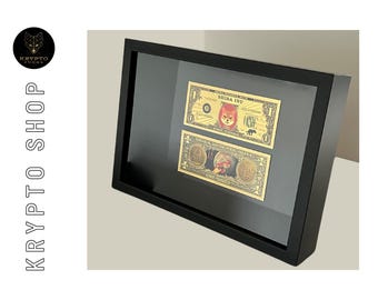 Criptoarte "Shiba Inu Gold Bill" en un marco negro