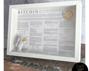 Póster de Bitcoin BTC Satoshi Nakamoto Libro blanco DIN A Marco de madera de 4 pulgadas de profundidad con moneda de oro criptográfica y figura de astronauta