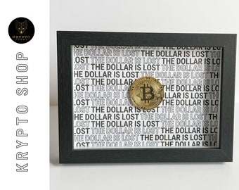 Arte criptográfico "El dólar está perdido" con moneda Bitcoin Gold en un marco negro