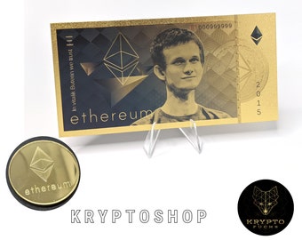 Paquete Ethereum ETH Moneda de oro criptográfica física + Billete incl.