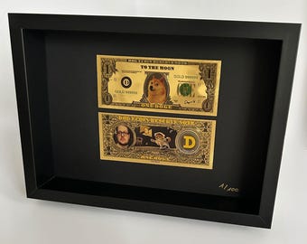 Criptoarte “Doge Coin Gold Bill” en un elegante marco negro – Edición limitada 1/100