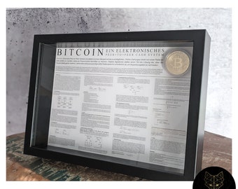 Póster de Bitcoin BTC Satoshi Nakamoto Whitepaper DIN A4 en alemán e inglés con moneda criptográfica de oro en un marco de madera profunda