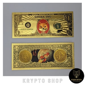 Peut inclure: Deux billets de banque de couleur or avec les mots "SHIBA RESERVE NOTE" et "SHIBA INU" imprimés dessus. Les billets représentent un chien Shiba Inu de dessin animé et une fusée.