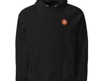 Sudadera con capucha raglán orgánica Bitcoin bordada: la sostenibilidad se une al estilo criptográfico