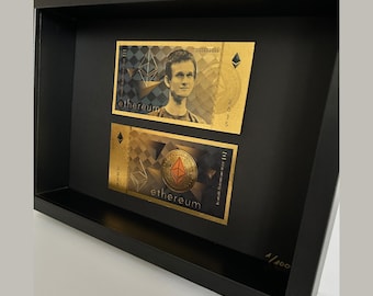 Criptoarte “Ethereum ETH Coin Gold Bill” en un elegante marco negro – Edición limitada 1/100