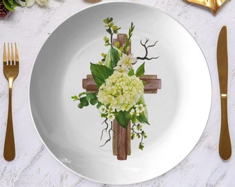 Christian floral cross plate | 10 inch dinner plate | Easter dinnerware | decorative plates | Easter dishes | Thermosaf plate