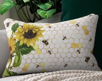 Honeybee honeycomb Lumbar Pillow | floral sunflowers bumblebee throw pillow | honeycomb bee pillow | decorative spring pillow