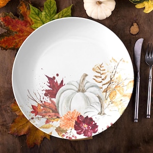 Fall pumpkins floral dinner plate, Thanksgiving plate set, fall dinnerware, white pumpkins plate, fall tableware, harvest dishes, 10 inch