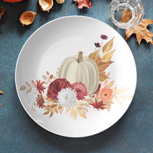 Fall pumpkins floral dinner plate, Thanksgiving plate set, fall dinnerware, white pumpkins plate, fall tableware, harvest dishes, 10 inch