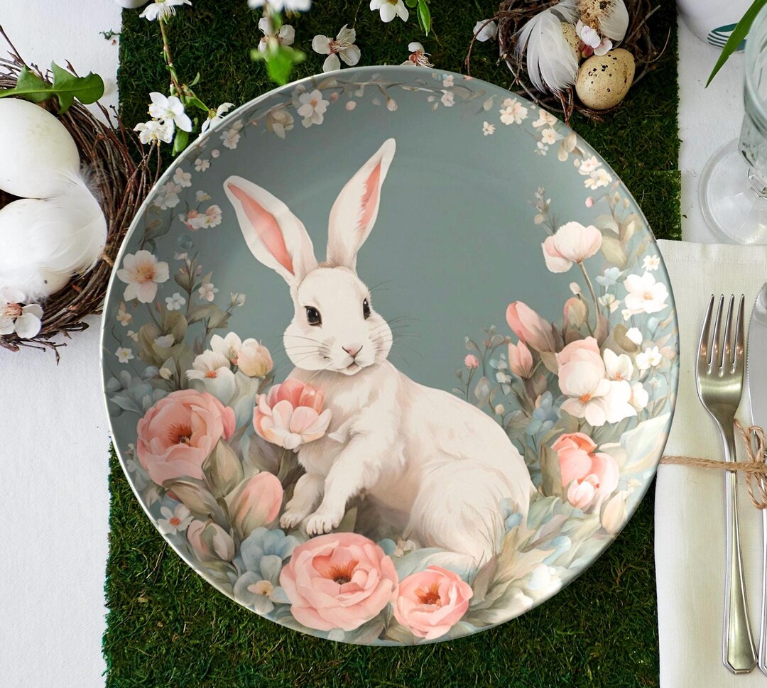 Bunny Rabbit Dinner Plate, Easter Bunny Plate Set, Floral Spring Bunny ...