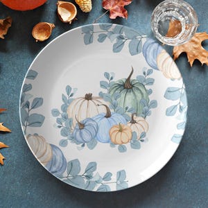 Fall pumpkins floral dinner plate, Thanksgiving plate set, fall dinnerware, white pumpkins plate, fall tableware, harvest dishes, 10 inch