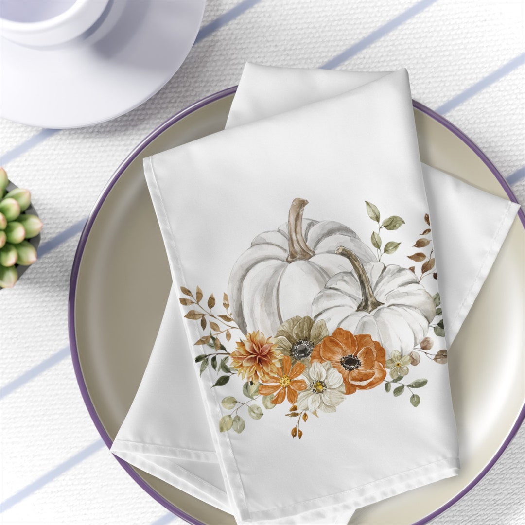 Fall Pumpkins Napkins Set, Fall Floral Dinner Napkins, White Pumpkin ...