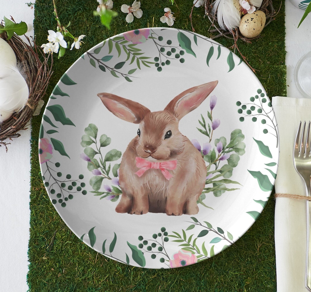 Bunny Rabbit Dinner Plate, Easter Bunny Plate Set, Floral Spring Bunny Plate, Easter Dishes