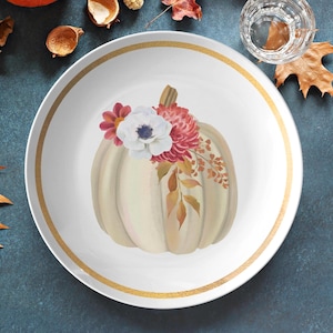 Pumpkin dinner plate set, white & gold pumpkin plate, thanksgiving plates, fall dinnerware, fall tableware, Halloween dishes, 10 inch plate