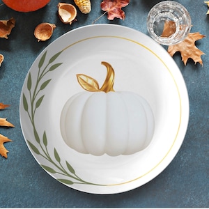 Pumpkin dinner plate set, white & gold pumpkin plate, thanksgiving plates, fall dinnerware, fall tableware, Halloween dishes, decoware 10 in