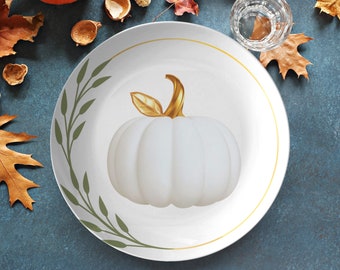 Pumpkin dinner plate set, white & gold pumpkin plate, thanksgiving plates, fall dinnerware, fall tableware, Halloween dishes, decoware 10 in