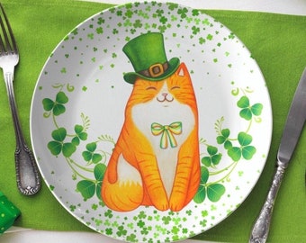 Saint Patrick’s Day Cat Plate, St. pattys day party plate, lucky Irish dinner plate, Saint Patrick’s day dinnerware, shamrock dish, 10 inch