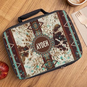 Gepersonaliseerde lunchtas met koeienhuidprint, westerse lunchbox met monogram, zuidwestelijke lunchbox, geïsoleerde lunchkoeler, lunchzak, voedselorganisator