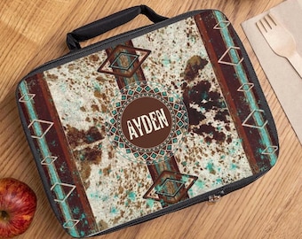 Personalized Cowhide Print Lunch Bag, Monogrammed Western Style Southwestern Lunch Box, Insulated Lunch Cooler, Lunch Sack, Food Organizer