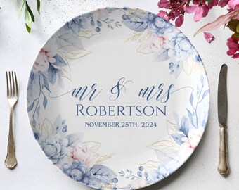 Personalized Mr & Mrs wedding plate, blue floral wedding plate, customized bride and groom wedding plate, cake plate, Anniversary plate