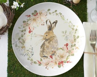 Spring floral bunny rabbit plate, Easter dinner plates set, Easter dinnerware, Easter dishes, Easter tableware, Easter dining decor