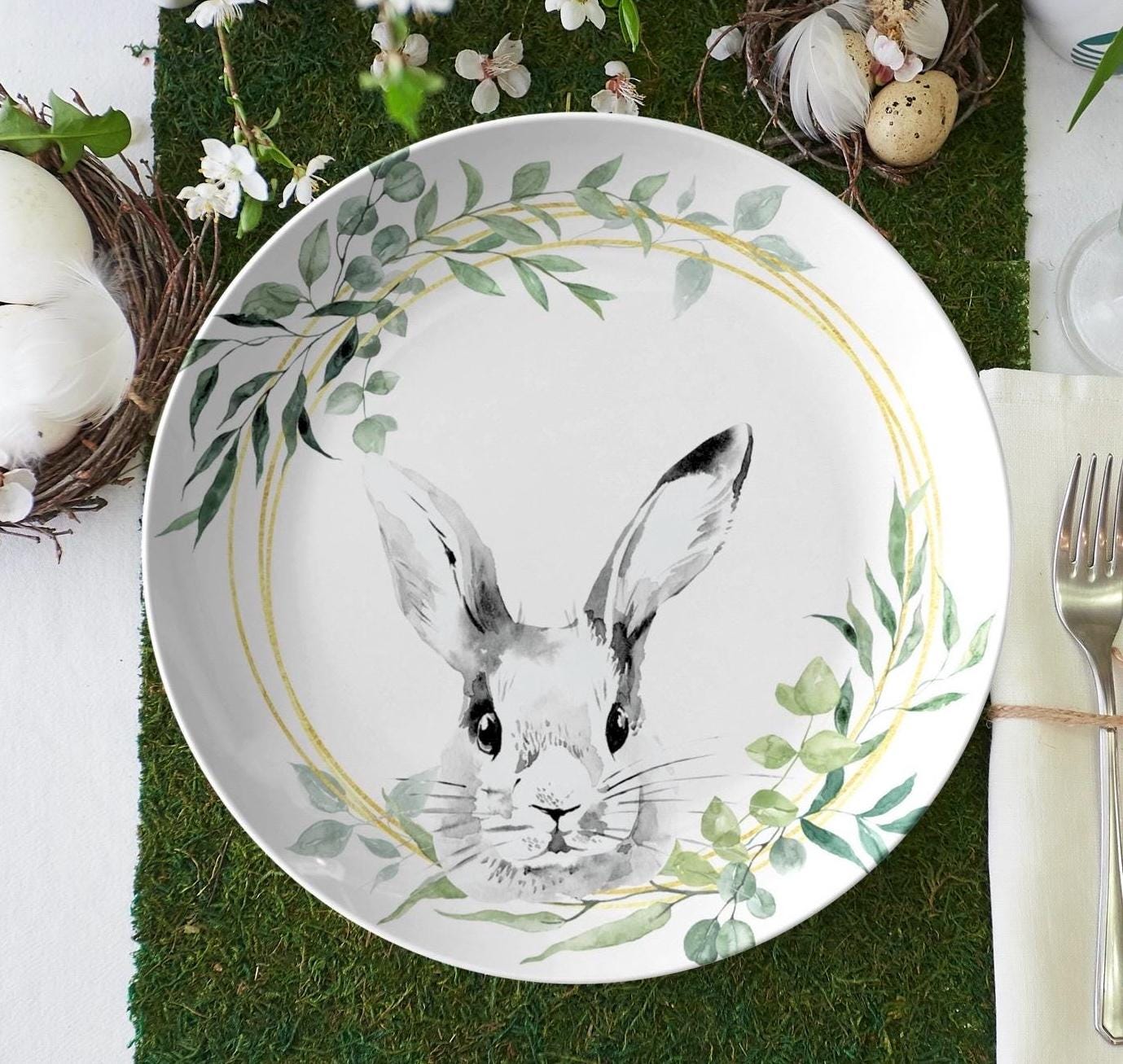 Easter Bunny Dinner Plate, Spring Bunny Rabbit Plate, Gold Green Floral ...