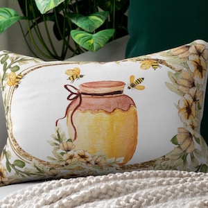 Honeybees Lumbar Throw Pillow,  floral bees accent pillow, bumblebee pillow, decorative pillow, outdoor pillow, farmhouse home decor