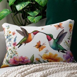 Hummingbird Floral Lumbar Throw Pillow, summer accent pillows, tropical outdoor pillow, home decor, decorative pillow, pillow & cover