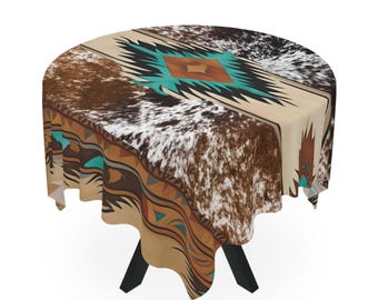Cowhide Print Tablecloth, Western Cowboy Style Southwest Indian Turquoise, Western Dining Decor, Boho Kitchen Decor, Southwestern Table