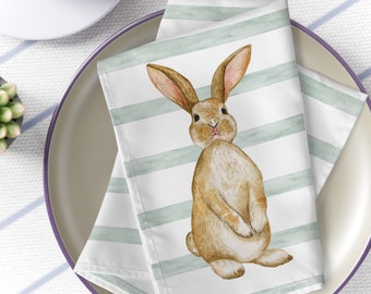 Easter Bunny Napkins set, pastel blue stripe spring bunny napkins, Easter table linens, bunny themed tableware, Easter tabletop decor