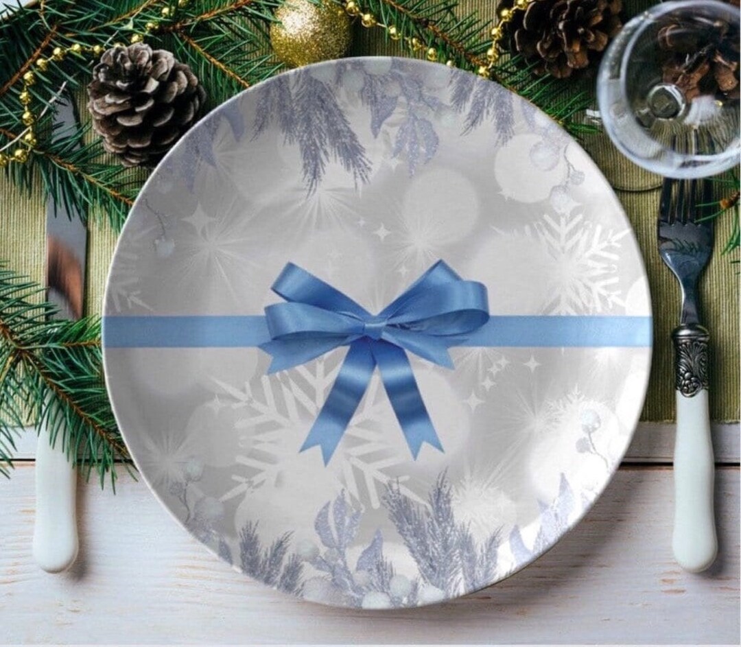 Christmas Bow Plate , Blue & Silver Christmas Dinner Plate , Holiday