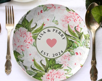Personalized wedding dinner plate, pink floral wedding plate, customized wedding plate, custom dishes, monogrammed Anniversary plates