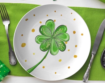 St patricks day dinner plate, st pattys day clover plate, gold & green clover plate,  lucky Ladd shamrock dishes, holiday dinnerware set