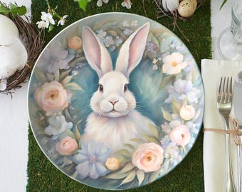 Bunny rabbit dinner plate,  Easter bunny plate set, floral spring bunny plate, Easter dishes, Easter dinnerware, Easter tableware