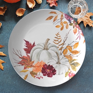 Fall pumpkins floral dinner plate, Thanksgiving plate set, fall dinnerware, white pumpkins plate, fall tableware, harvest dishes, 10 inch