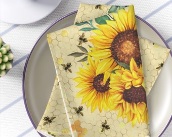 Floral sunflowers Napkins set | honeybees dinner napkins | honeycomb bees napkins | decorative fall napkins | sunflowers table linens  4 set