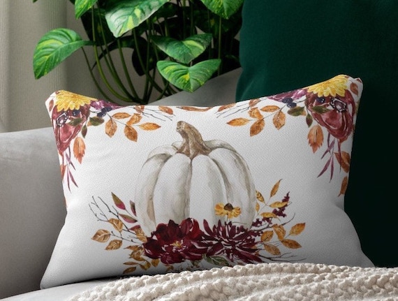 Fall Floral Pumpkin Lumbar Pillow | white pumpkin throw pillow | floral pumpkin accent pillow | fall home decor | thanksgiving decor