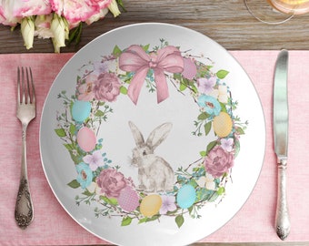 Floral bunny wreath plate, Easter dinner plate set, floral Easter eggs plate, Easter dinnerware, floral spring plates, decorative plate set