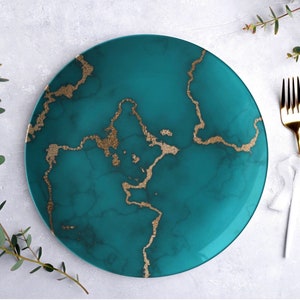 Turquoise and gold marble print dinner plate made of a polymer composite which is oven safe, microwave safe, and dishwasher safe. Thermosaf dinnerware. Set of 1,2 or 4.