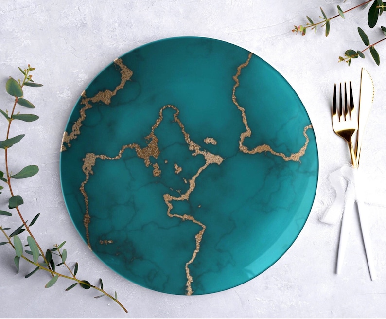 Turquoise and gold marble print dinner plate made of a polymer composite which is oven safe, microwave safe, and dishwasher safe. Thermosaf dinnerware. Set of 1,2 or 4.