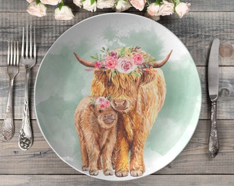 Farm cow dinner plate | floral highland cow plate | cattle dishes | farmhouse dinnerware | country western plates | decorative plate set