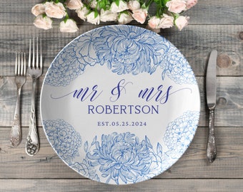 Personalized wedding plate, mr and mrs dinner plate, customized bride & groom plate, wedding gift, blue wedding plate, Anniversary plate