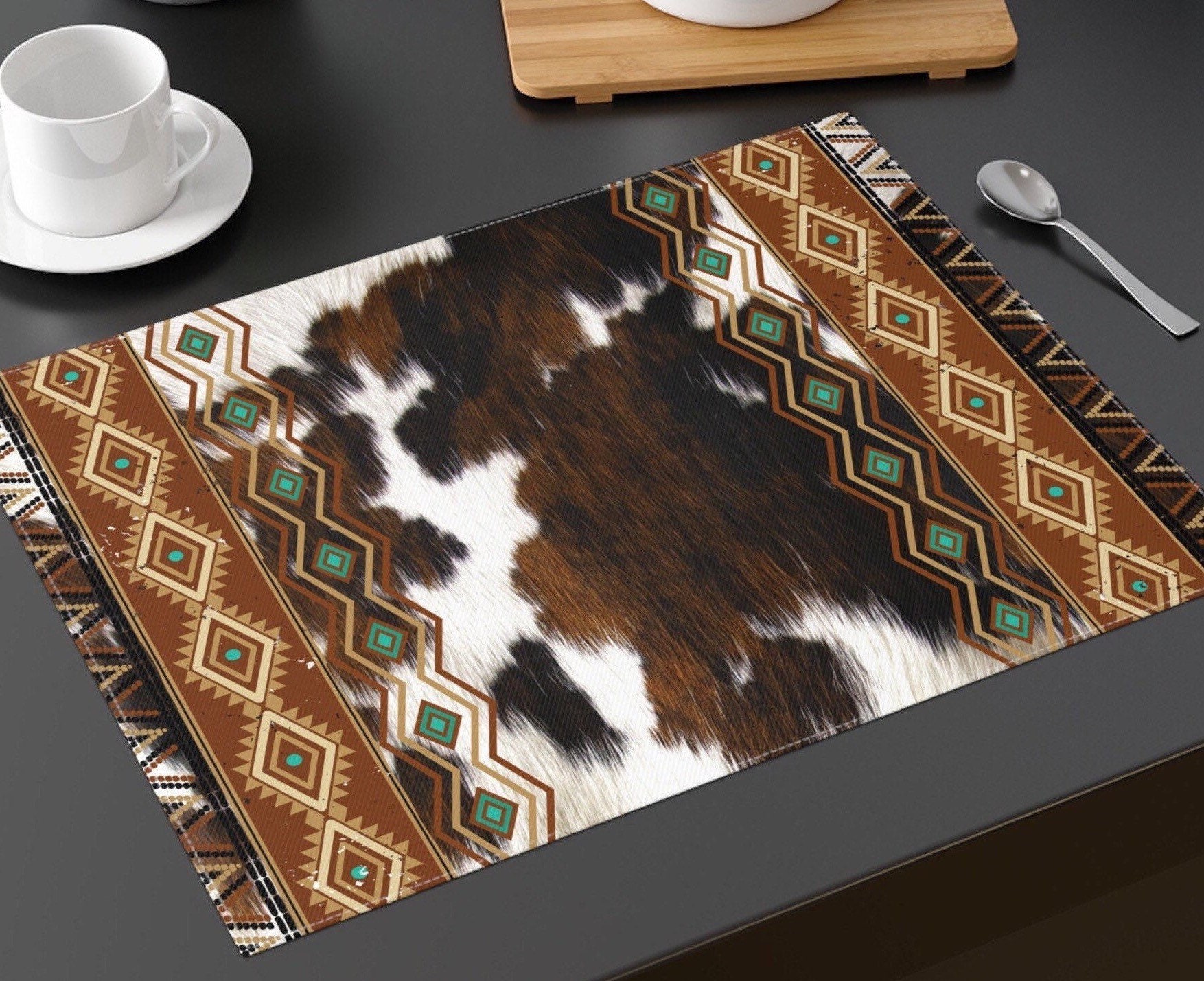 Western Cowhide Print Placemat | cow print place mat | country western place setting | western table linens | southwestern tabletop decor